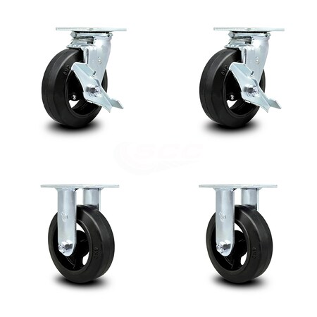 Service Caster 6 Inch Rubber on Steel Caster Set with Roller Bearings 2 Brakes 2 Rigid SCC SCC-30CS620-RSR-TLB-2-R620-2